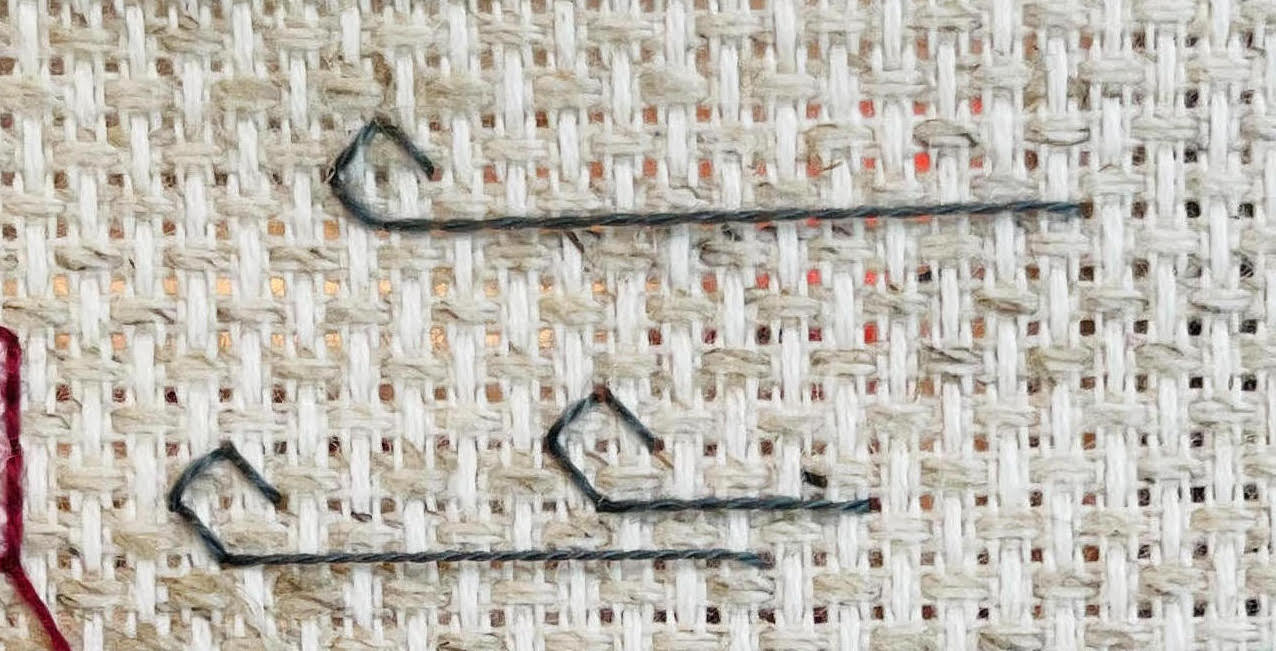 Close up of embroidery backstitches depicting wind